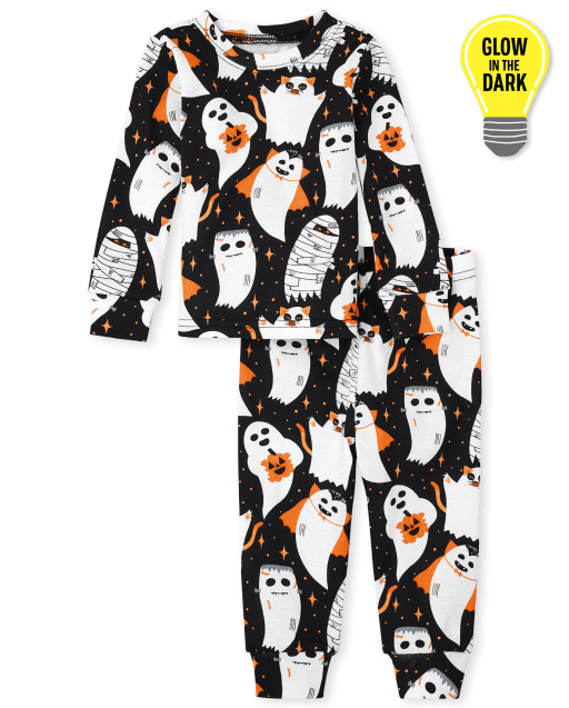 Pijama unisex de algodón de manga larga con diseño de fantasma que brilla en la oscuridad para bebés y niños pequeños