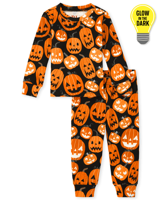 Pijama unisex de algodón de manga larga con diseño de calabaza a juego para bebés y niños pequeños que brillan en la oscuridad
