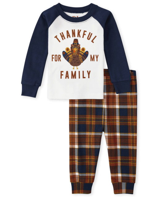 Unisex Baby And Toddler Matching Family Thanksgiving Long Raglan Sleeve 'Thankful For My Family' Snug Fit Cotton Pajamas
