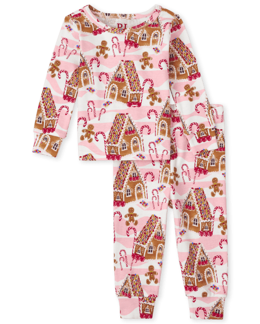 Pijamas de algodón ajustados con estampado de casa de pan de jengibre de manga larga navideña para bebés y niñas pequeñas
