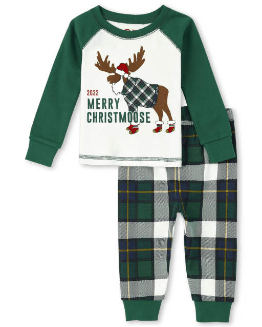 Pijama unisex de algodón con manga raglán larga para bebés y niños pequeños a juego con la familia Christmas 'Merry Christmoose'
