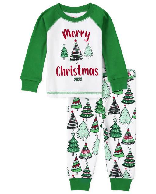 Pijama unisex de algodón con manga raglán larga y manga raglán "Merry Christmas" a juego para bebés y niños pequeños unisex