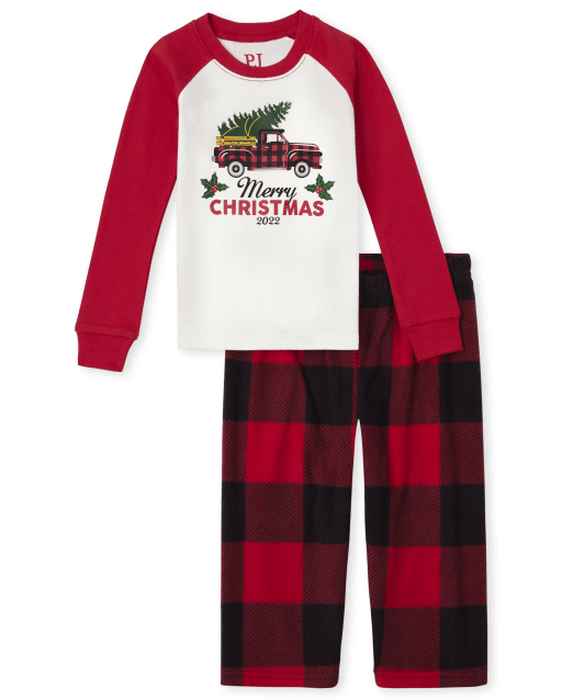 Pijama unisex para bebés y niños pequeños a juego con la familia de Navidad de manga larga raglán 'Feliz Navidad 2022' con parte superior de algodón y pantalones de lana