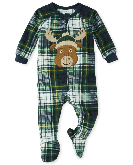 Unisex Baby And Toddler Matching Family Plaid Moose Fleece One Piece Pajamas