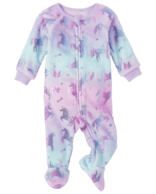 Baby And Toddler Girls Long Sleeve Foil Unicorn Print Fleece Footed One Piece Pajamas