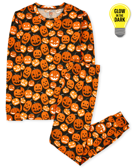 Pijama de algodón de calabaza de manga larga de Halloween que brilla en la oscuridad familiar a juego para adultos unisex
