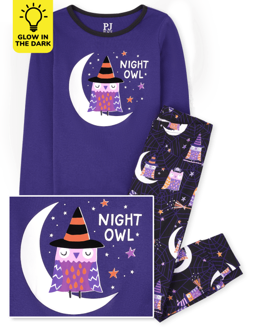 Girls Glow In The Dark Halloween Long Sleeve 'Night Owl' Snug Fit Cotton Pajamas