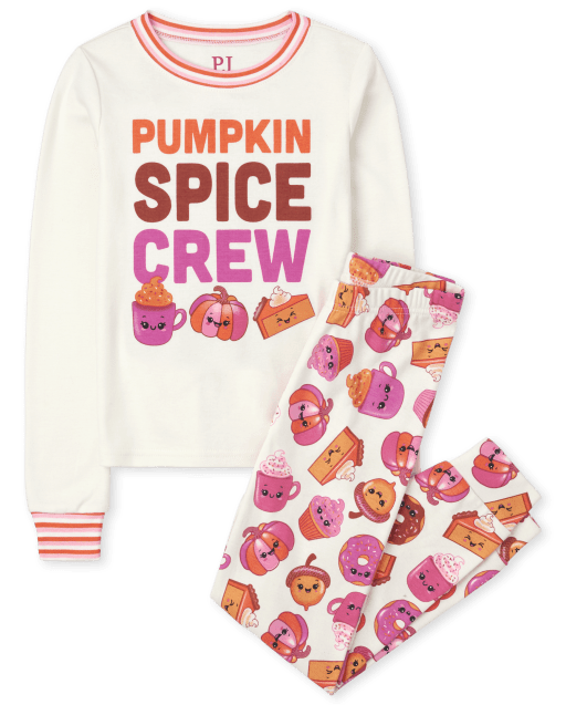 Pijama de algodón de ajuste ceñido con estampado de Squishies "Pumpkin Spice Crew" de manga larga para niñas