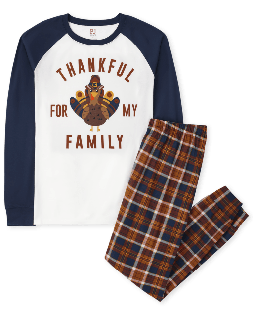 Unisex Adult Matching Family Thanksgiving Long Raglan Sleeve 'Thankful For My Family' Cotton Pajamas