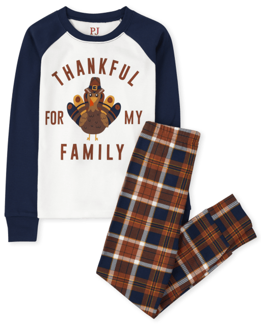 Unisex Kids Matching Family Thanksgiving Long Raglan Sleeve 'Thankful For My Family' Snug Fit Cotton Pajamas
