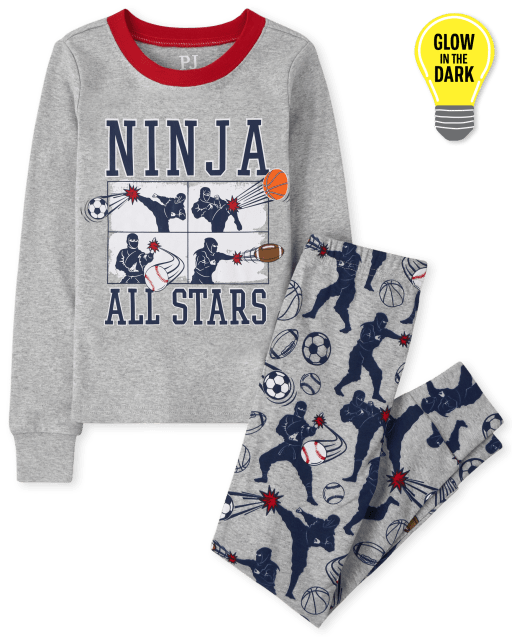 Boys Long Sleeve Glow In The Dark 'Ninja All Stars' Snug Fit Cotton Pajamas