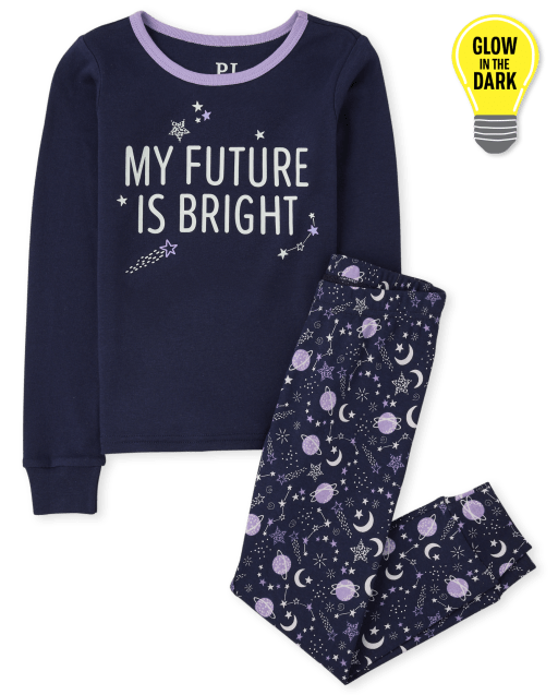 Girls Glow In The Dark Long Sleeve 'My Future Is Bright' Moon Snug Fit Cotton Pajamas