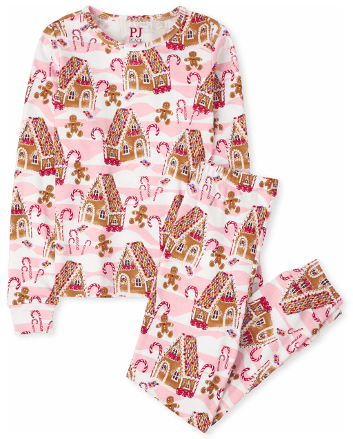 Pijama de algodón ajustado con estampado de casa de jengibre y manga larga navideña para niñas