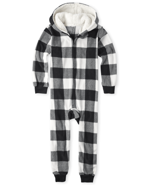 Unisex Kids Matching Family Christmas Long Sleeve Buffalo Plaid Fleece Hooded One Piece Pajamas