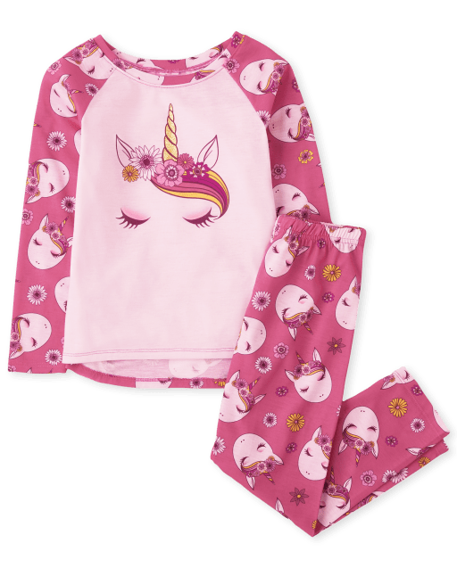 Girls Long Raglan Sleeve Unicorn Pajamas
