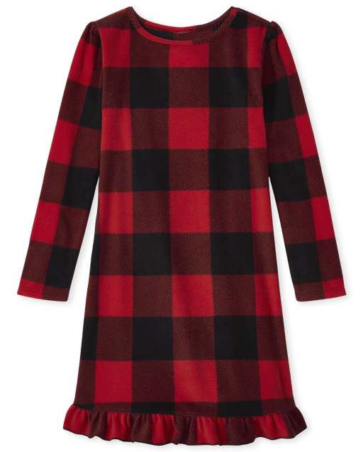 Girls Matching Family Christmas Long Sleeve Buffalo Plaid Fleece Ruffle Nightgown