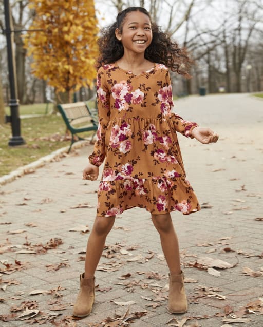 Girls Long Sleeve Floral Print Woven Tiered Dress