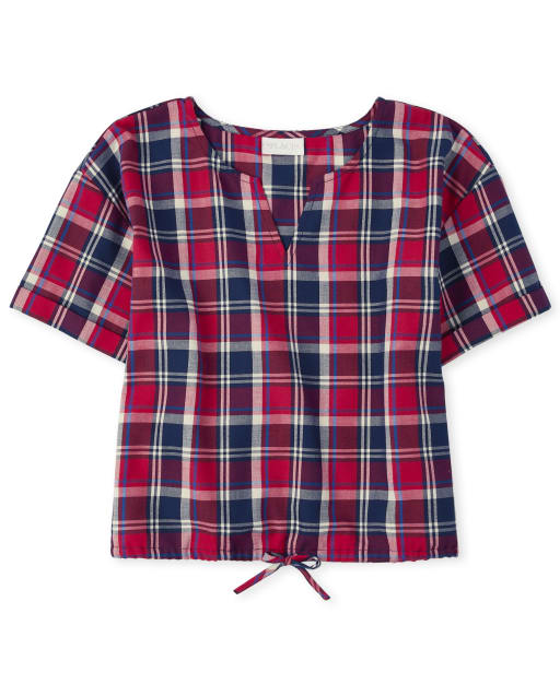 Womens Matching Family Plaid Tie Front Top