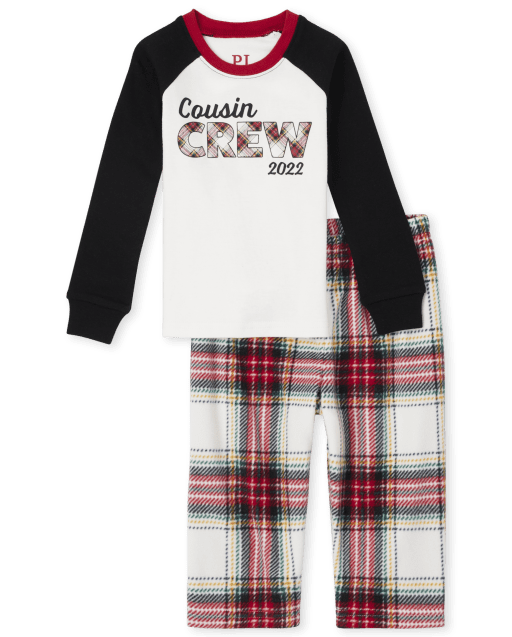 Pijama unisex de manga raglán larga de Navidad para bebés y niños pequeños 'Cousin Crew 2022' con parte superior de algodón y pantalones de forro polar a cuadros