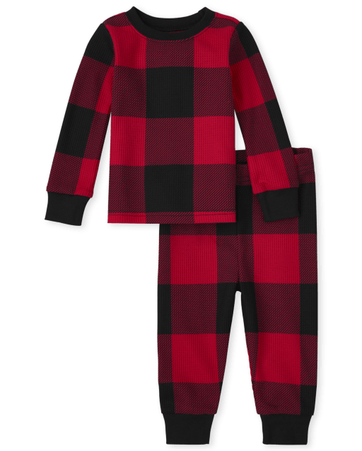 Unisex Baby And Toddler Matching Family Christmas Long Sleeve Thermal Buffalo Plaid Snug Fit Cotton Pajamas