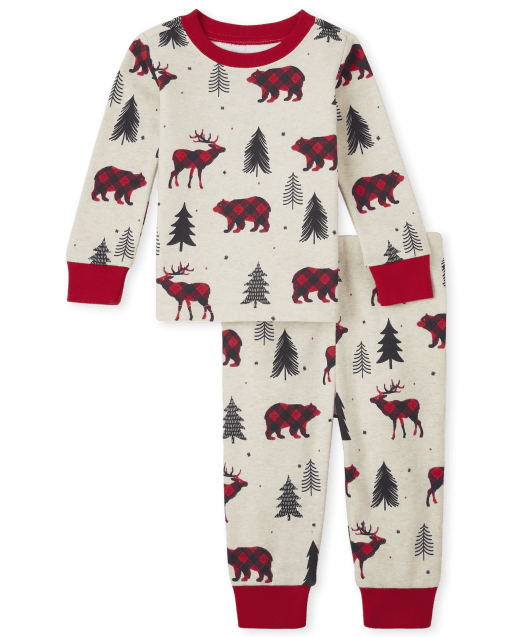 Pijama unisex de algodón con estampado de oso a cuadros de búfalo de manga larga a juego para bebés y niños pequeños