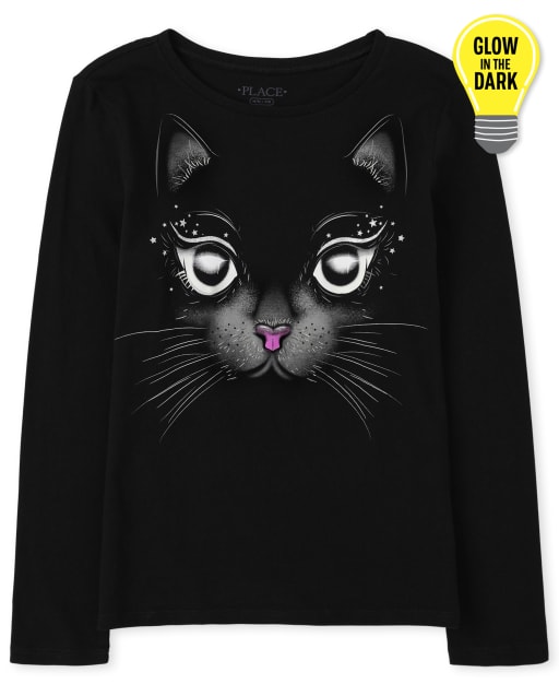 Camiseta de manga larga con gráfico de gato de Halloween para niñas que brillan en la oscuridad