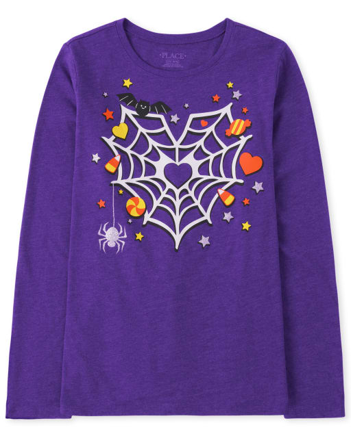 Girls Halloween Long Sleeve Spider Web Graphic Tee