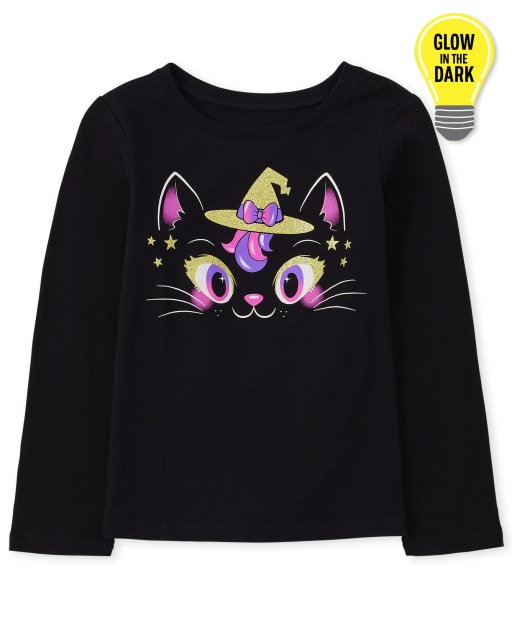 Camiseta con estampado de gato de manga larga de Halloween para bebés y niñas pequeñas que brillan en la oscuridad