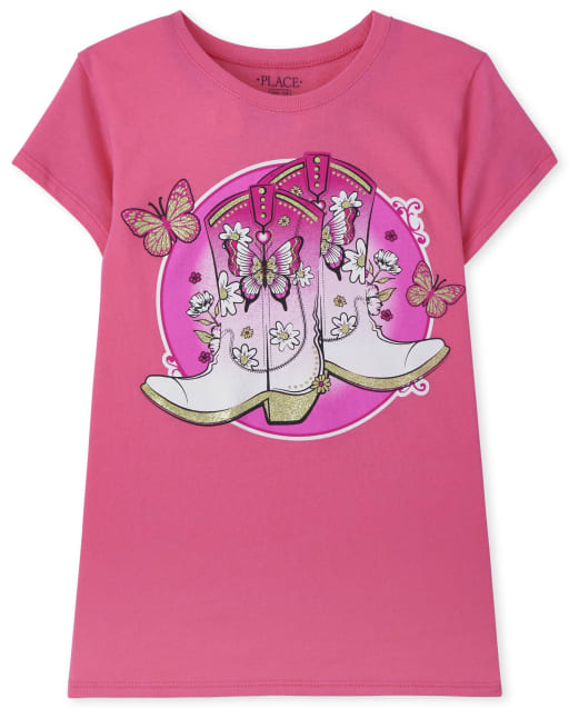 Camiseta estampada con botas vaqueras de manga corta para niñas