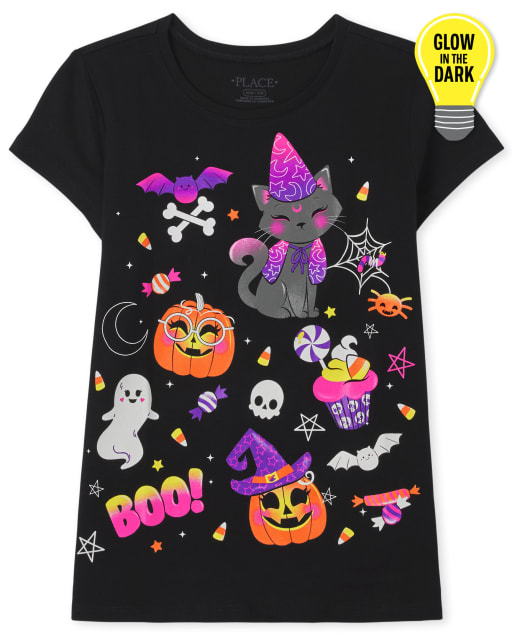 Camiseta de manga corta con estampado de garabatos de Halloween para niñas que brillan en la oscuridad