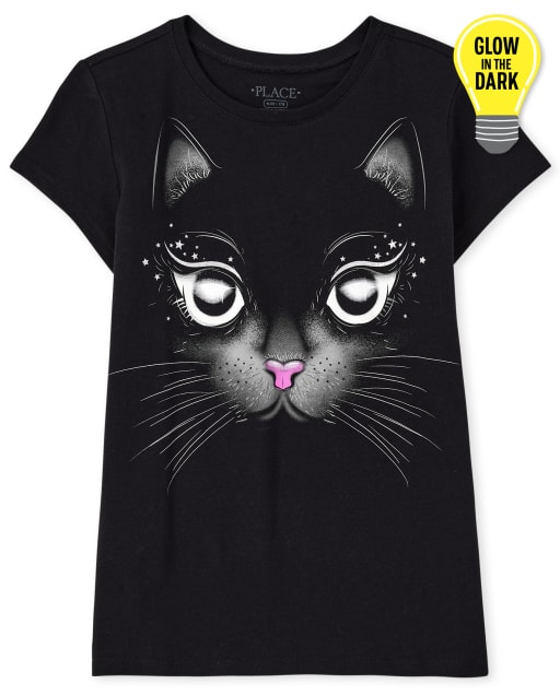 Camiseta de manga corta con gráfico de gato de Halloween para niñas que brillan en la oscuridad