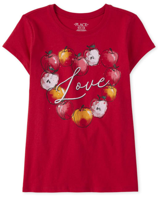 Camiseta de manga corta con gráfico Love Apple para niñas