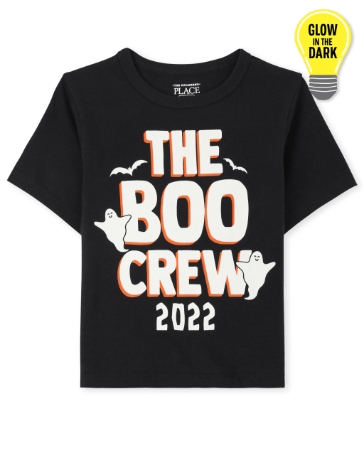 Camiseta unisex de manga corta con gráfico Boo Crew de Halloween para bebés y niños pequeños a juego con la familia que brilla en la oscuridad