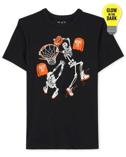 Boys Glow In The Dark Halloween Short Sleeve Skeleton Basketball Graphic Tee