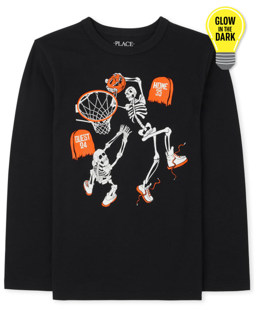 Boys Glow In The Dark Halloween Long Sleeve Skeleton Basketball Graphic Tee