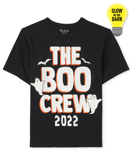 Camiseta unisex de manga corta con gráfico Boo Crew de Halloween para niños a juego con la familia que brilla en la oscuridad