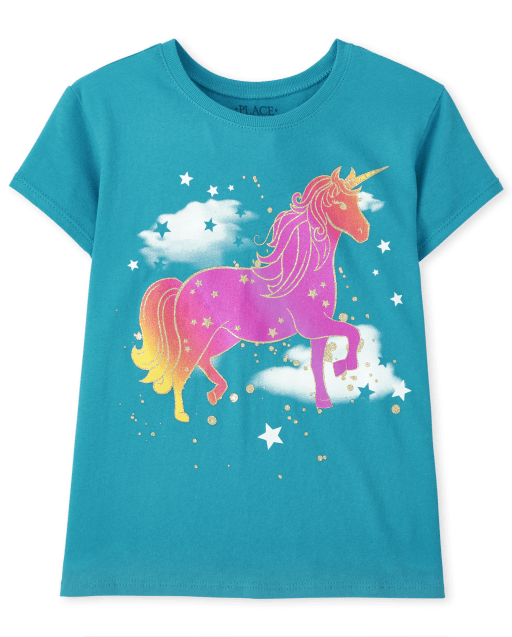 Camiseta de manga corta con gráfico de unicornio para niñas