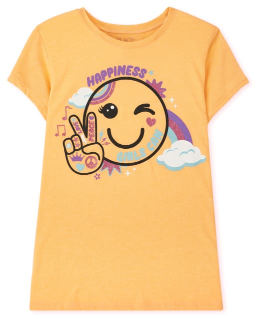 Camiseta de manga corta con estampado de cara feliz para niñas