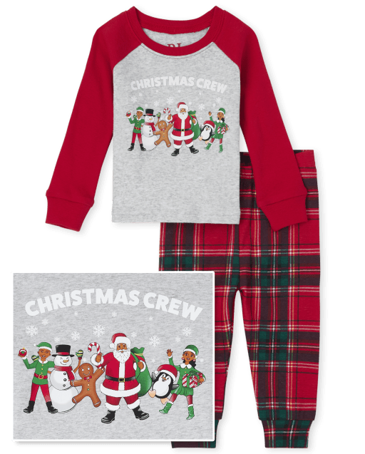 Unisex Baby And Toddler Matching Family Christmas Long Raglan Sleeve 'Christmas Crew' Snug Fit Cotton Pajamas