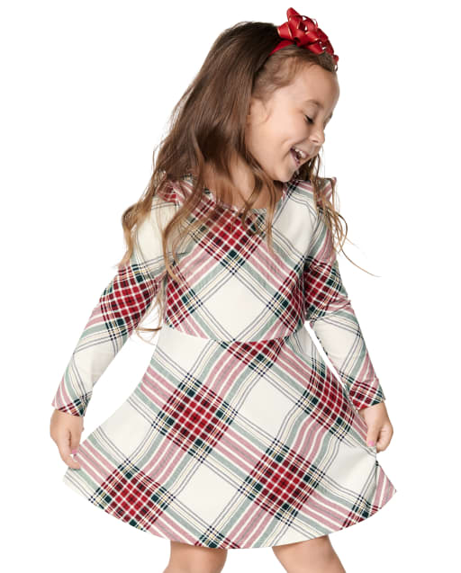 Baby And Toddler Girls Christmas Long Sleeve Plaid Ruffle Skater Dress