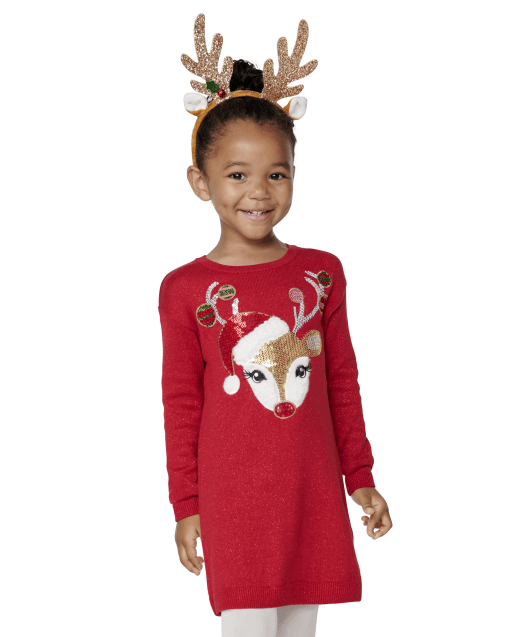 Baby And Toddler Girls Christmas Long Sleeve Sequin Reindeer Sweater Dress