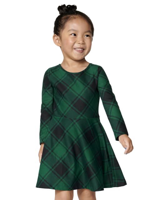 Baby And Toddler Girls Christmas Long Sleeve Plaid Bow Skater Dress