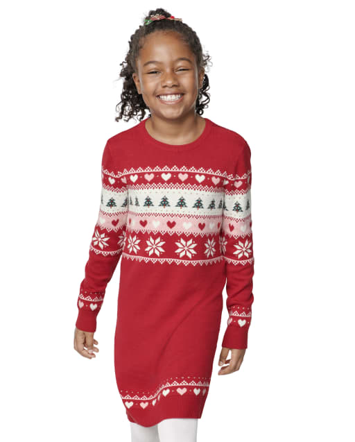 Girls Long Sleeve Christmas Fairisle Sweater Dress