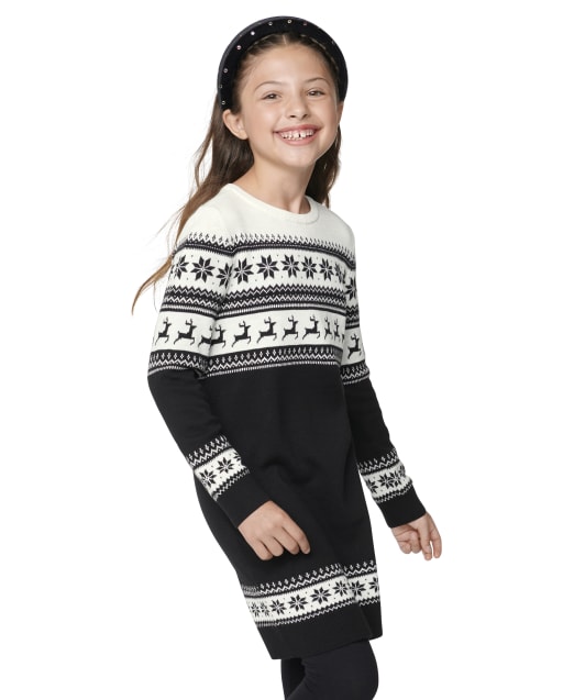 Girls Christmas Long Sleeve Reindeer Fairisle Sweater Dress
