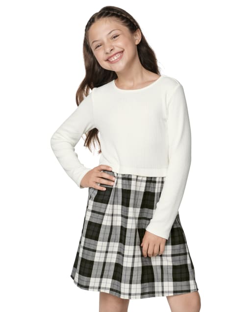 Girls Plaid Knit To Woven Dress