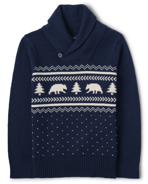 Boys Bear Fairisle Shawl Neck Sweater