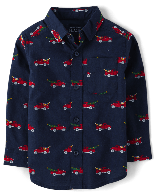 Camisa con botones de popelina con diseño de camión navideño para bebés y niños pequeños