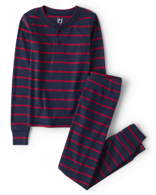 Unisex Kids Striped Henley Snug Fit Cotton Pajamas