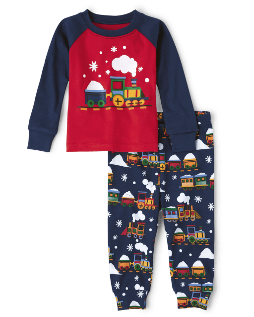 Baby And Toddler Boys Long Raglan Sleeve Train Print Snug Fit Cotton Pajamas