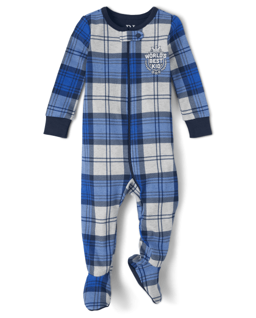 Baby And Toddler Boys Long Sleeve 'World's Best Kid' Plaid Snug Fit Cotton One Piece Pajamas